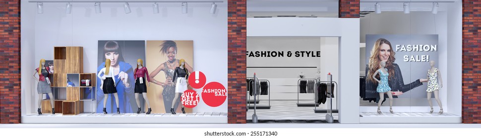 Store front of fashion boutique with display dummies showing clothing (3D Rendering)