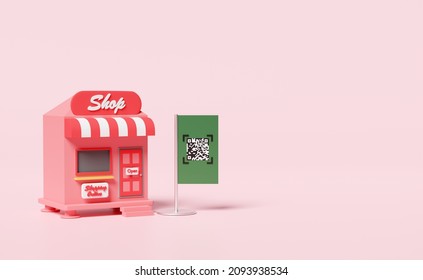 store front sign with qr code scanning isolated on pink background. online shopping concept, 3d illustration, 3d render