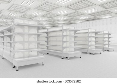 Store interior with empty supermarket shelves. 3d render