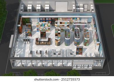 Store interior isometric composition with racks of goods, refrigerators, cash counters against the backdrop of the street, lawns and trees. 3d illustration