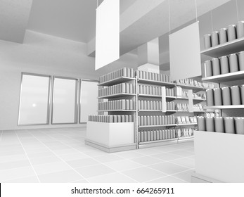 Store Interior With Shelves And Products. 3D Rendering
