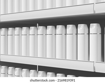 Store Shelf With Aerosol Bottles Mockup. Isolated Product. Showcase Reail. 3d Rendering