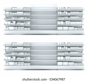 Store shelves with empty department for your goods. 3d illustration set isolated on white.
