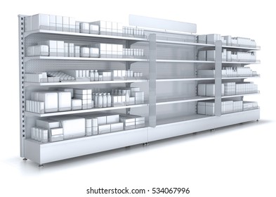 Store shelves with empty department for your goods. 3d illustration isolated on white