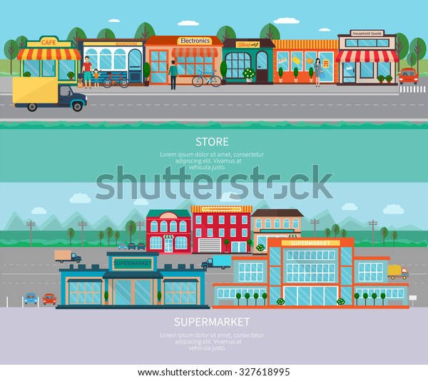 Store and supermarket\
buildings with road and parking horizontal banners set flat\
isolated  illustration\
