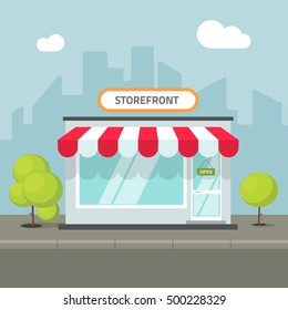 Storefront In The City Illustration, Store Building On Town Street, Flat Cartoon Shop Facade Front View Image