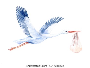 Stork with baby.Newborn picture. Watercolor hand drawn illustration.White background.
