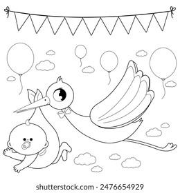 Stork delivering a new baby. Baby announcement. White stork carrying a cute baby. Delivery of a newborn baby. Black and white coloring page - Powered by Shutterstock