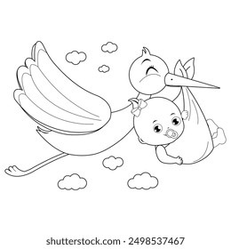 Stork delivering a new baby girl. Baby announcement. White stork carrying a cute baby. Delivery of a newborn baby. Black and white coloring page - Powered by Shutterstock