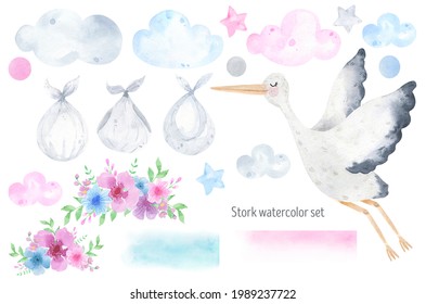 Stork flying in the sky delivering newborn baby watercolor illustration. Baby shower girl or boy, Gender Party. Clouds, stars, floral compositions. International Day of Midwives. Stork and children - Powered by Shutterstock