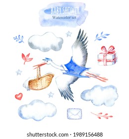 Stork postman with newborn baby,heart,clouds,star,gift,letter and floral.Baby shower set. Watercolor hand drawn illustration.White background.	
 - Powered by Shutterstock