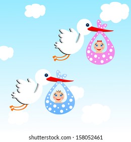 storks carry babies on a background blue sky,illustration a raster