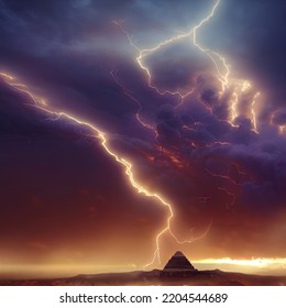 Storm Above Ancient City Temple Aztec Pyramid Digital Art 3D Render