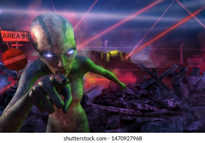 Storm Area 51, Secret U.S. Air Force Military Top Secret Installation In US, Nevada Event Illustration. Rescue The Aliens In Restricted Area 51 Base Storm Raid, They Can't Stop All Of Us 3D Concept.