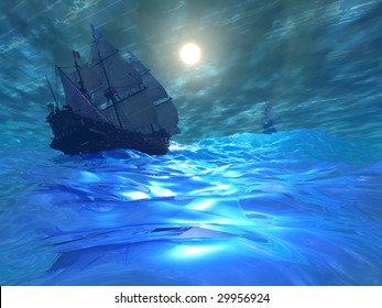 STORM BREWING - Two Ships Navigate High Seas On This Stormy Night.