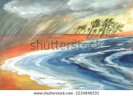 Storm on the beach painting. A tropical cyclone has hit the coast. Palm trees sway in the wind. The storm. Hurricane. There is no one on the shore. A terrible downpour will begin soon. Original Art.
