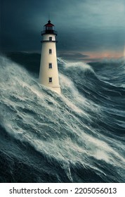 Storm At Sea, Waves Crashing Against The Lighthouse