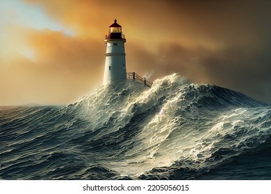 Storm At Sea, Waves Crashing Against The Lighthouse