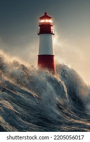 Storm At Sea, Waves Crashing Against The Lighthouse