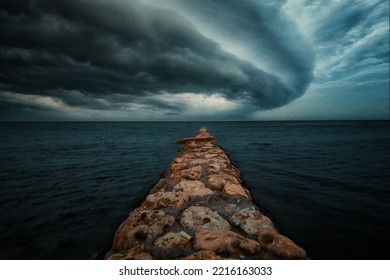 Stormy Dark Clouds Over The Sea And Pier. Illustration