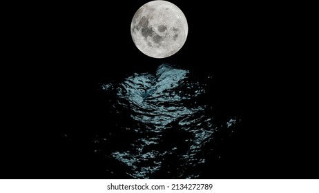 Stormy Ocean At Night With Dramatic Sky And The Big Moon. Design. Animated Natural Background With The Sea Waves And A Full Moon.