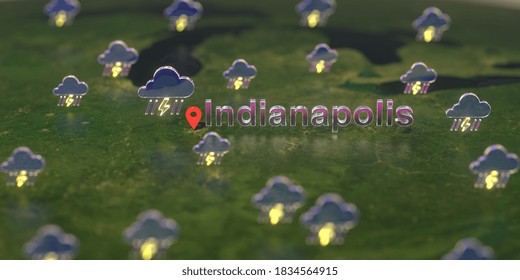 Stormy Weather Icons Near Indianapolis City On The Map, Weather Forecast Related  3D Rendering