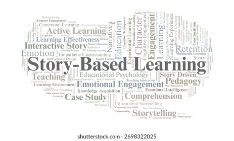 Story-Based Learning Word Cloud. Collection Of Terms Related To Narrative Teaching, Emotional And Cognitive Engagement, Contextual Learning, And Story-Driven Education Strategies.