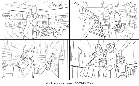 Storyboard With People At Grocery Store