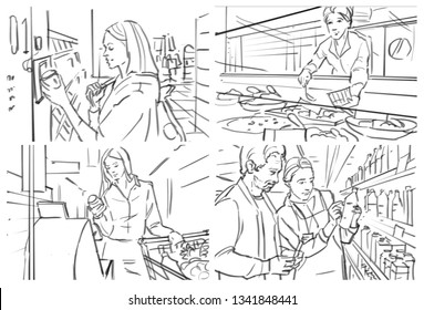 Storyboard With People In Grocery/cafe