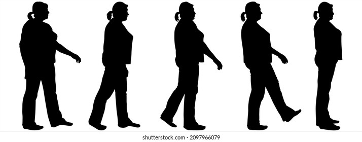 Storyboard Of A Walking Woman. Women In Pants, Trousers And A T-shirt, Blouse. Five Black Female Silhouettes Isolated On White Background. Side View. A Series Of Steps For Animation. Step By Step.