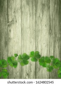 St.Patrick Day Template With Green Wood Background And Shamrock Wreath.