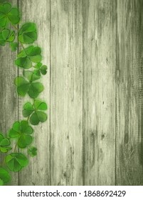 St.Patrick Day Template With Green Wood Background And Shamrock Wreath.