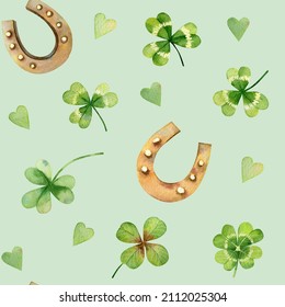 St.Patrick's Day digital paper pack,Watercolor seamless pattern with horseshoe and Clover