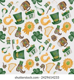 St.Patrick's Day seamless pattern with clover, rainbow, horseshoe, beer, Irish flag, coins, firework, leprechaun hat, shoes, barrel of beer, bow on white background.