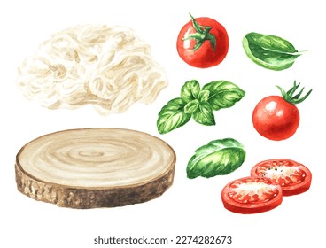 Strachatella cheese with tomatoes and basil set. Hand drawn watercolor illustration,  isolated on white background - Powered by Shutterstock