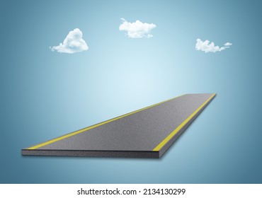 straight 3d illustration of road with white background. road with clouds. motorway design advertisement.  isolated Bending road and highway ads. road for advertising mockup. blue sky with clouds.