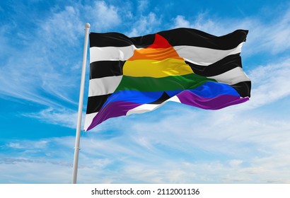 Straight Ally Flag Waving In The Wind At Cloudy Sky. Freedom And Love Concept. Pride Month. Activism, Community And Freedom Concept. Copy Space. 3d Illustration.