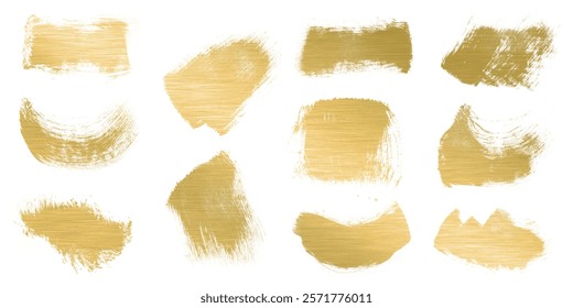 Straight gold vector line bundle. Golden hand drawn brush stroke text boxes. Chinese, Korean, Japanese calligraphy brushstroke set. Rough grunge luxury paint. Luxurious celebration rectangle textboxes