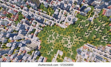 Straight Overhead Aerial View Of Abstract Modern City District Residential Area With High Rise Buildings And Green Park Zone. 3D Illustration  Rendering File.