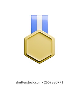 Straight-on View 3D Render of Hexagonal Award Badge with Blue and White Ribbon Isolated on White