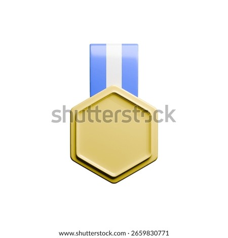 Straight-on View 3D Render of Hexagonal Award Badge with Blue and White Ribbon Isolated on White
