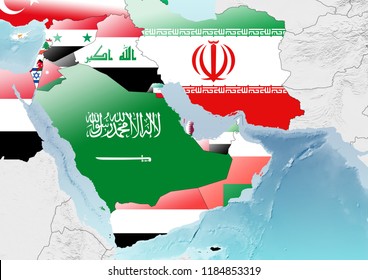  The Strait Of Hormuz, Middle East States, Including Maritime Boundary And Flags