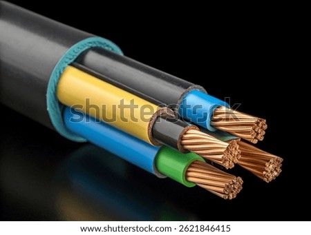 Stranded copper electrical wires close-up, colorful insulation, engineering macro view