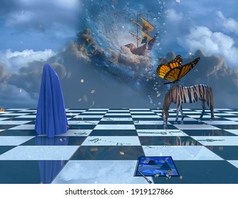 Strange Dreams. Surreal Landscape. Striped Horse. Figure Hidden Under Cloth. Ancient Sailboat On Clouds And Butterfly. 3D Rendering