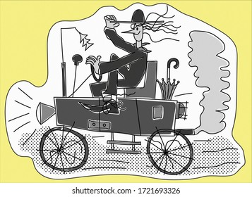 Strange funny guy rides a cartoon retro car in black and white on a yellow background.