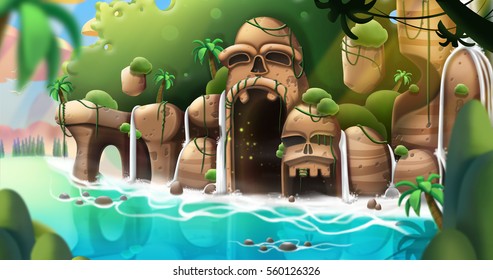 The Strange Island. Video Game's Digital CG Artwork, Concept Illustration, Realistic Cartoon Style Background