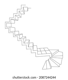 Strange Staircase Steps Up And Down. Frontal Perspective. Line Drawing Illustration.