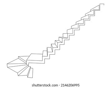 Strange Staircase Steps Up And Down. Frontal Perspective. Line Drawing Illustration.