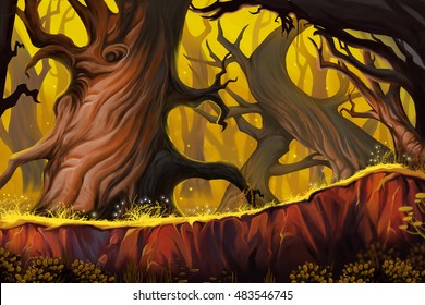 Strange Tree Forest. Video Game's Digital CG Artwork, Concept Illustration, Realistic Cartoon Style Background