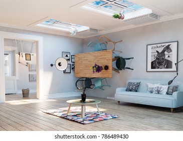 Strange, Upside Down Room Interior. 3D Illustration Creative Concept Idea